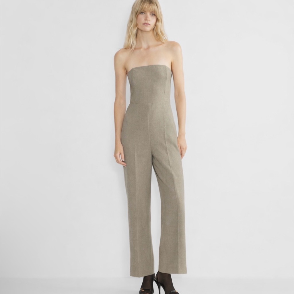 Aritzia Wilfred Endless Strapless Jumpsuit Taupe Wide Leg Smocked Back Sz 00